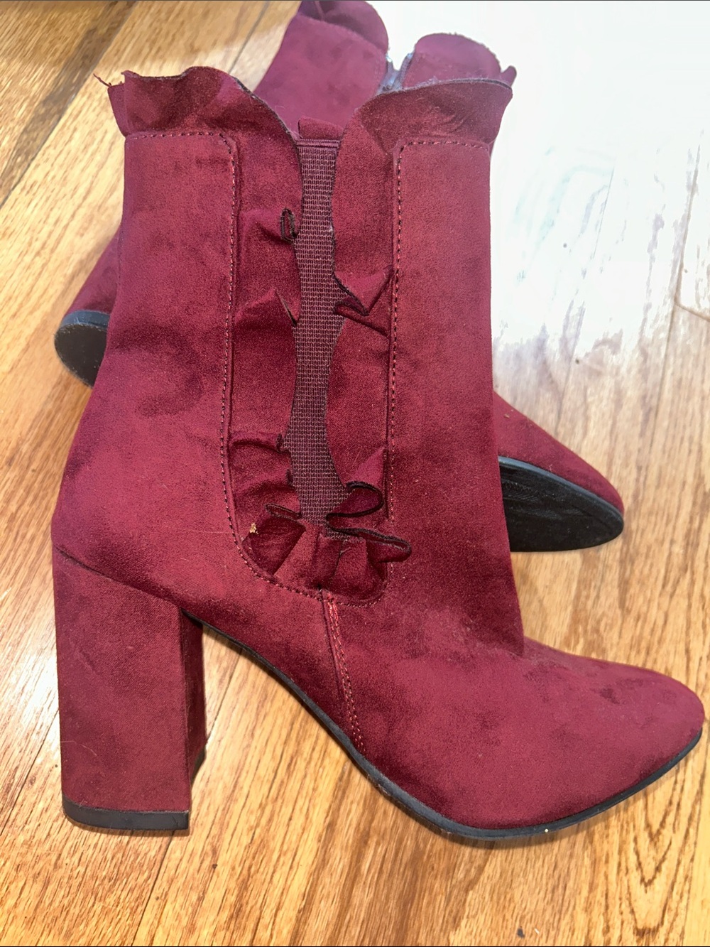 Women's Beautiful Burgundy Suede Block Heel Ankle Boots with Ruffle Detail 8.5